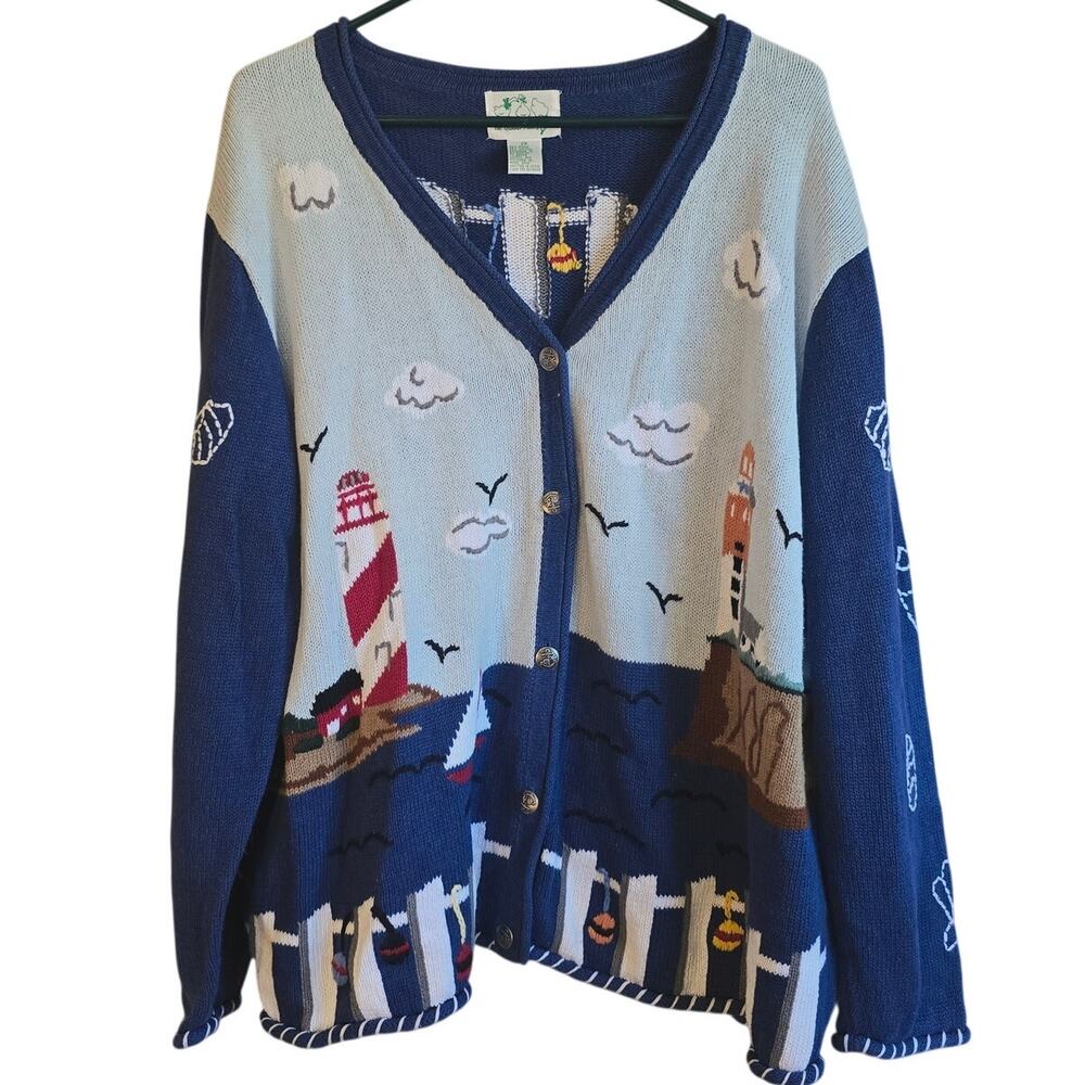 Vintage quacker factory lighthouse seashell cardigan 2x